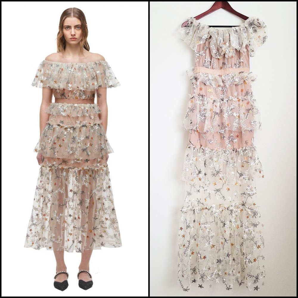 NWOT Self-Portrait Off-the-shoulder Star Embellished Mesh Maxi Nude Beige Dress